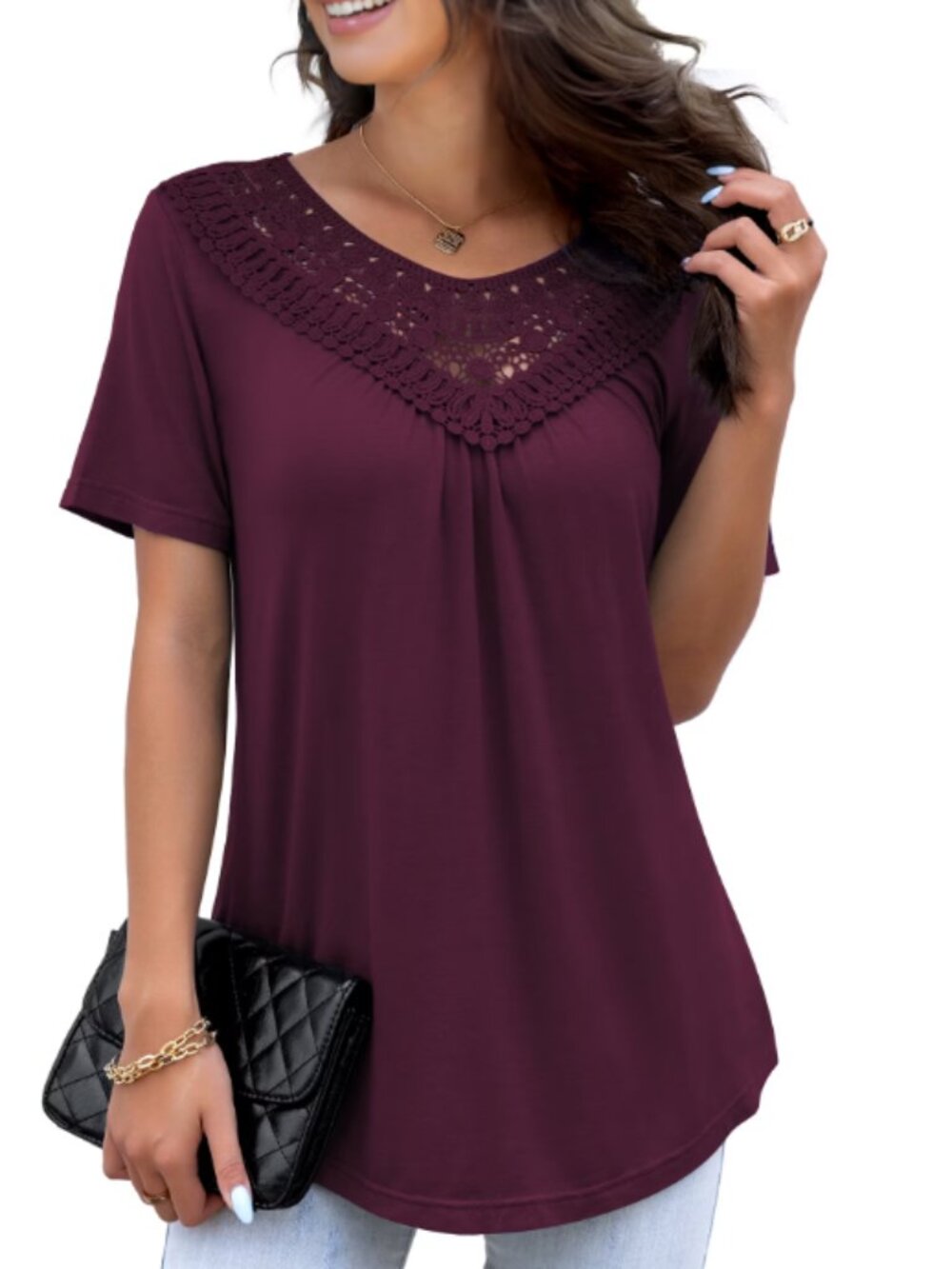 Plus Size Lace Pleated Tunic Top Short Sleeve Flare Hem Blouse XL Mulberry